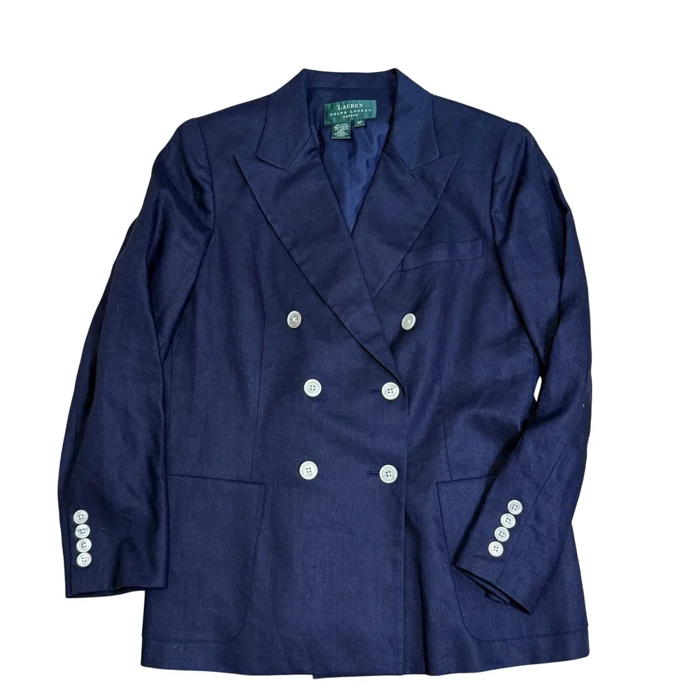 Lauren Ralph Lauren Skirt Suit Womens 12P Navy Blue Linen Double Breasted Blazer
